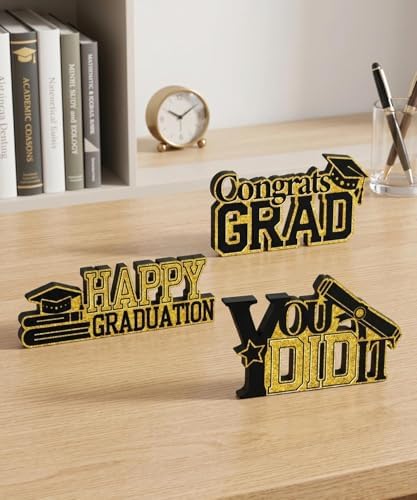 Putuo Decor Graduation Table Decor Set of 3, Gold Glitter Decor with Cap Diploma Design, Congrats Grad Gift for High School College Graduate, Tabletop Decoration for Graduation Party
