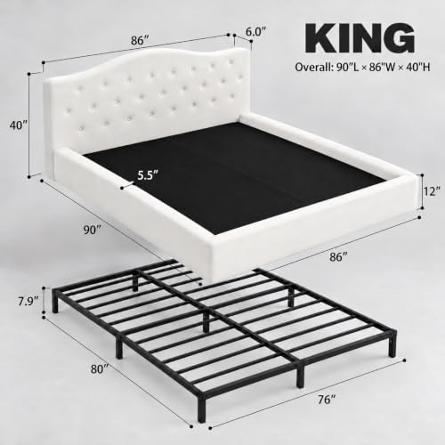 Yechen King Cloud Bed Frame, 6" Thick Curved Tufted Headboard, Ivory