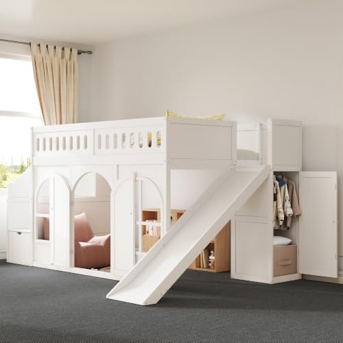 LUMISOL Twin Size Wood Loft Bed with Slide and Storage Staircase, Solid Wood Playhouse Loft Bed with Wardrobe and Window, White