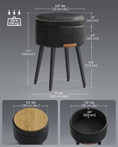 VASAGLE Storage Ottoman, PU Leather Round Seat with Steel Legs