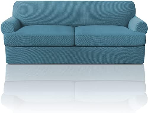 PrinceDeco T Cushion Sofa Slipcover 3 Pieces Sofa Covers for T Cushion Couch Soft Couch Covers Sofa Slip Cover Furniture Covers with 2 Individual T Shape Seat Covers (70"-88"), Storm Blue