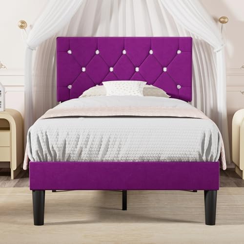 VECELO Twin Size Bed Frame with Diamond Tufted Headboard, Upholstered Platform Bedframe with Wood Slat Support, No Box Spring Needed, Royal Purple