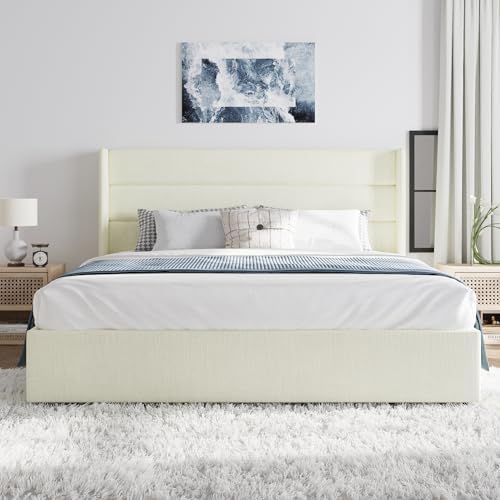 SHA CERLIN King Size Chenille Lift Up Hydraulic Storage Bed Frame Cream