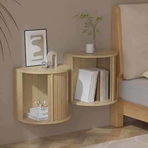 Wood Color Floating Nightstand Set with Fluted Door