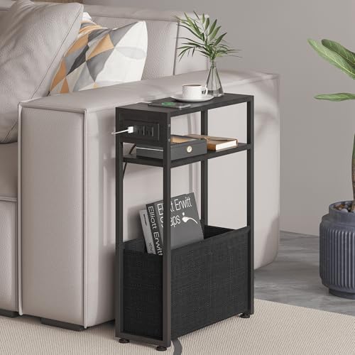 Leomonio Narrow Side Table, Slim Night Stand with Magazine Rack