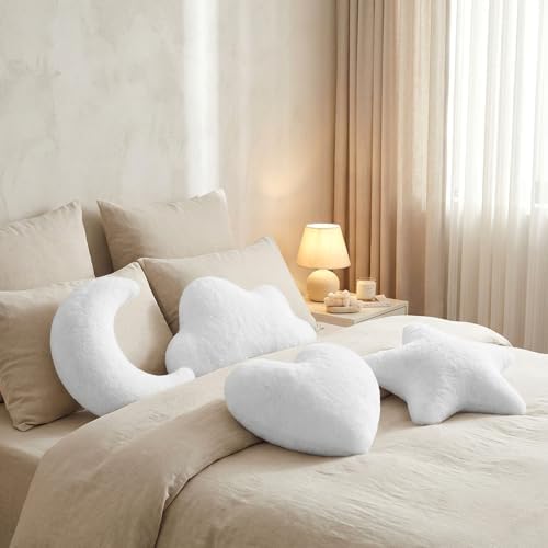 Novabright 4 Pcs Moon Star Cloud Heart Plush Pillow, White 15.7 Inch