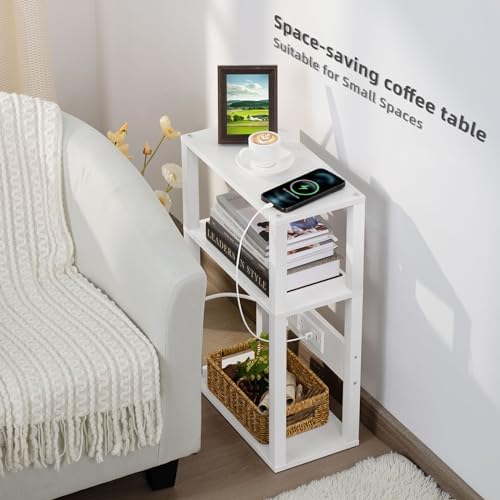 YUFAM 3-Tier Narrow Bedside Table with Charging Station, Skinny Nightstand