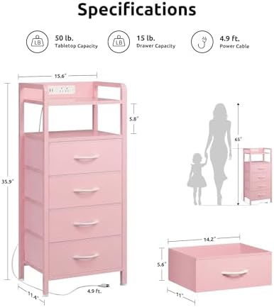 Lazzanto Nightstand with Rear Charging Station, LED Light, 4 Drawers, Pink