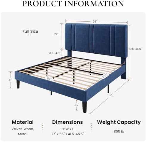 SHA CERLIN Full Size Velvet Bed Frame with Adjustable Headboard, Blue