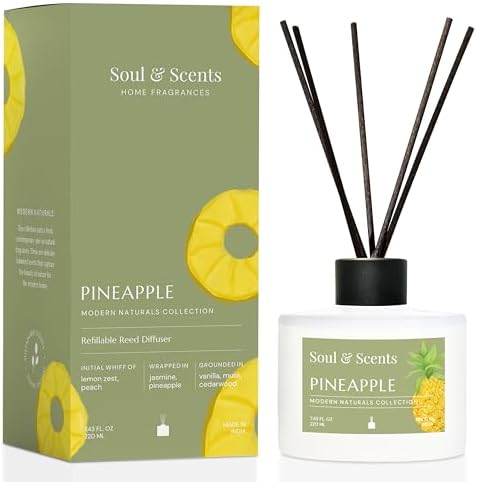 Soul & Scents Reed Diffuser Set – Pineapple | 7.43 oz Refillable Scented Oil with 6 Fiber Sticks | Long-Lasting Home Fragrance & Air Freshener for Bedroom, Bathroom, Office | Gift & Décor Piece
