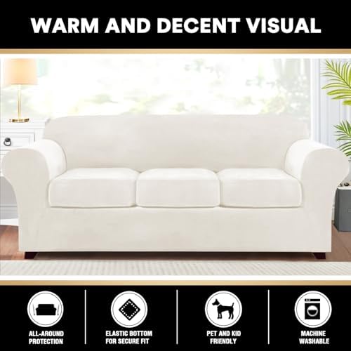 PrinceDeco Velvet Couch Covers for Sofa Soft 4 Pieces Couch Covers for 3 Cushion Couch Sofa Pet Friendly Furniture Protector with Non Slip Elastic Bottom Width Up to 90 Inch (Large, Porcelain)