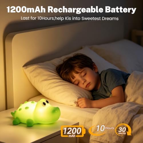 AVEKI Crocodile Night Light for Kids, Silicone Touch Bedside Lamp (Green)