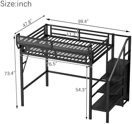 Twin XL Size Metal Loft Bed Frame with Convertible Staircase & Built-in Storage Shelves & Wardrobe, Loft Bed with Slats & Guardrail, No Box Spring Required, Easy Assembly, for Bedroom, Black