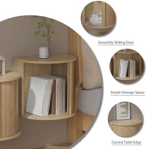 Floating Nightstand Set of 2,Wooden Fluted Wall Mounted Nightstand,Bedside Table with Sliding Roller Shutter Door Storage,Suitable for Modern Small Space Bedroom (Floating nightstand-Wood color-04)