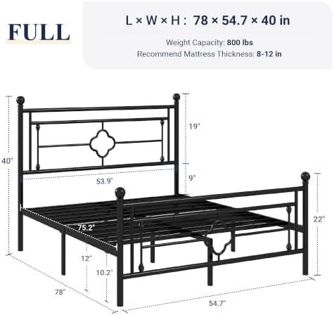 Allewie Full Size Metal Platform Bed Frame, Victorian Headboard, Black