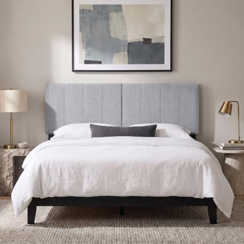 KOMFOTT Linen Upholstered Headboard for Full & Queen Size Bed, Vertical Channel Tufted Rectangular Headboard with Solid Wood Legs & Adjustable Width, Padded Bed Backboard, Easy Assembly (Gray)