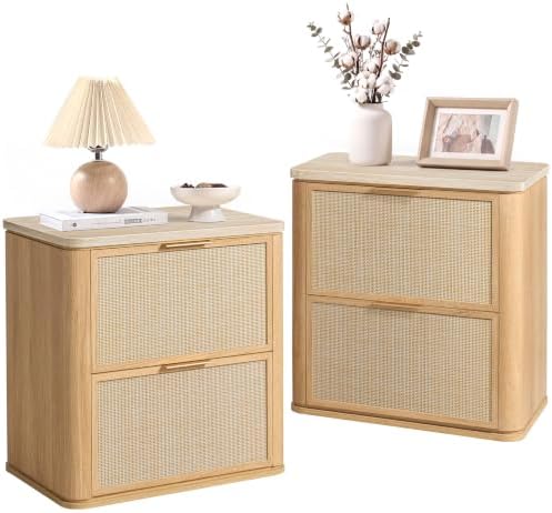 Nightstand Set of 2, 23.11" W Rattan Nightstand with 2 Drawers