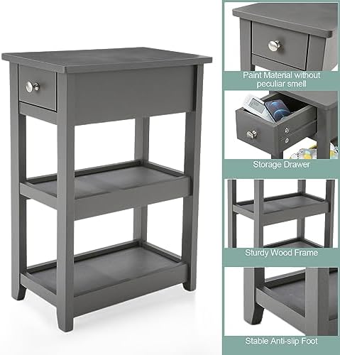 SEJOV Narrow Side Table, Small Grey End Table with Drawer and 2 Shelves