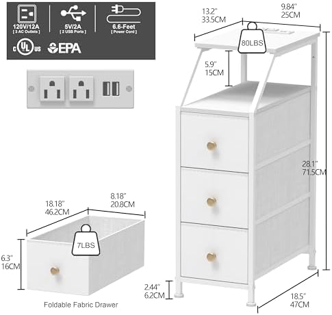 Tohomeor Narrow Dresser Tall Skinny Storage Tower Vertical Slim Chest of Drawers with Charging Station Small Nightstand Side Table for Bedroom, Bathroom, Small Spaces (White, 3 Drawers)