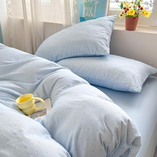 Vintage Blue Polka Dot Duvet Cover Twin XL 3-Piece Cotton Gauze Bedding Set