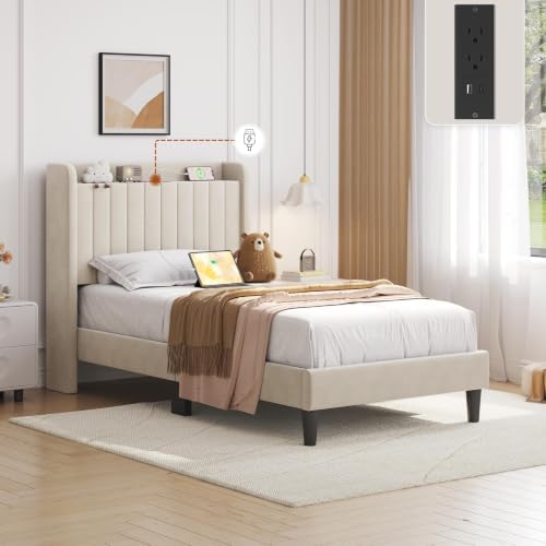 Yaheetech Twin Bed Frame with Channel-Tufted Storage Headboard, Beige