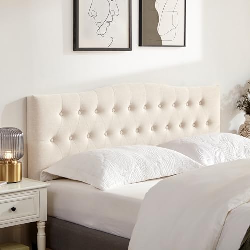Tufted Headboard Full Size, Solid Wood Adjustable Height Head Board, Beige