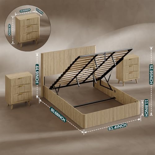 Evermagin Queen Bedroom Set, Storage Bed Frame & 3-Drawer Nightstands, Oak