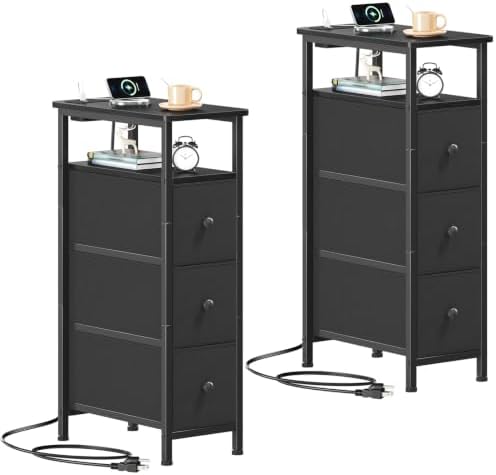 Somdot Narrow End Table Set of 2, Charging Station, Side Table, 3 Drawers