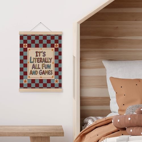 MAQIKA Funny Kids Playroom Poster Framed with Wood Hanger, Vintage Nursery Hanging Wall Decor, All Fun and Games Checkered Canvas Wall Art Paints for Kids Room Bedroom Playroom Classroom, 12x16 Inch