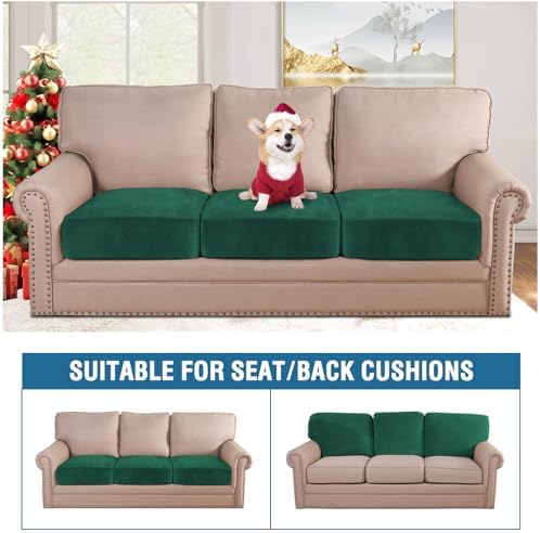 H.VERSAILTEX Velvet Stretch Couch Cushion Cover Plush Cushion Slipcover for Sofa Cushion Furniture Protector Seat Cushion Sofa Cover (3 Piece Sofa Cushion Covers, Vintage Green)
