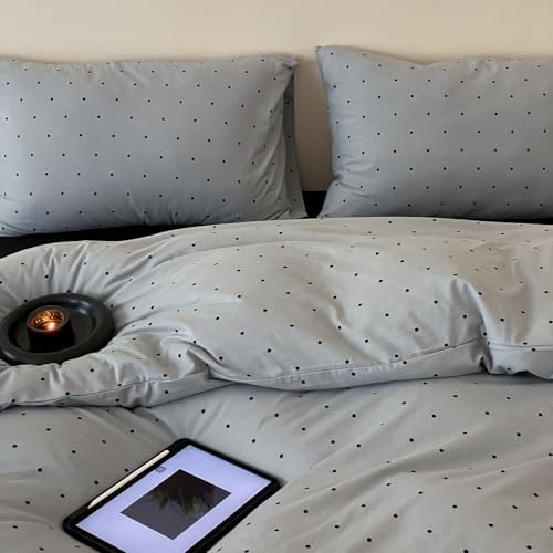 Polka Dot Duvet Cover Twin, 3 Piece 100% Cotton Jersey Knit Light Grey Comforter Cover, Soft Breathable Modern Aesthetic Bedding Set with Zipper & Corner Ties