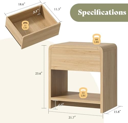AMERLIFE Nightstands Set of 2 with Storage Drawer & Shelves, Oak