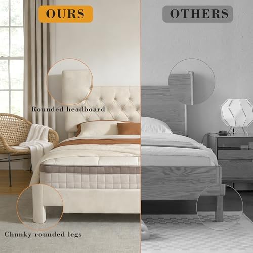 King Size Bed Frame with Headboard, Luxury Velvet Fabric Upholstered Bed frame with Button Tufted Design, Strong Wooden Slats Support - Low & Sturdy, Noise-Free, No Box Spring, Easy Assembly, Beige