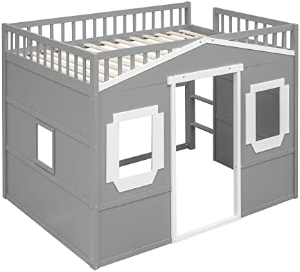 Bellemave Full Size Loft Bed with Play House Shape, Loft Bed Frame with Windows, Entertainment Space and Ladders for Kids, Boys, Girls and Teens, No Spring Needed (Gray+White)