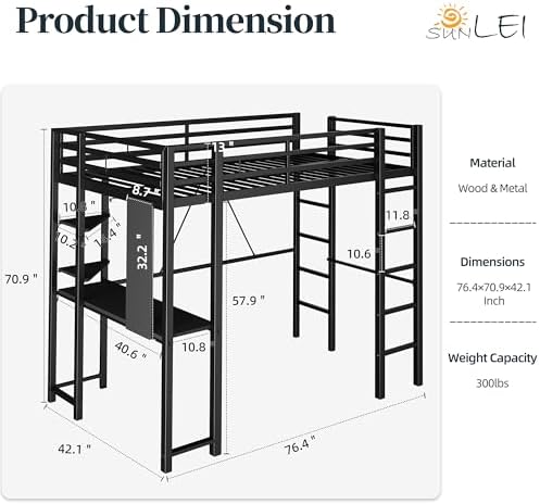 Loft Bed Twin Size with Desk and Safety Guard Rail, Twin Size Metal Bed Frame with Double Layer Shelves for Storage, No Box Spring 2 Security Ladders, Midnight Black