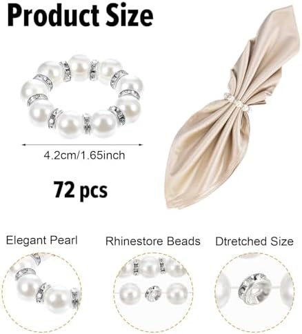 72Pcs Pearl Napkin Rings Imitation Pearl Ring Napkin Holder Delicate Silver Beaded Serviette Buckles for Wedding Christmas Dinner Banquet Decor Party Table Settings