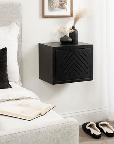 Kate and Laurel Mezzeta Modern Floating Shelf Side Table with Storage Cubby; 16 x 10 x 12; Black; Decorative Slatted Wood Floating Nightstand with Pull Down Door for Use as Bathroom Storage
