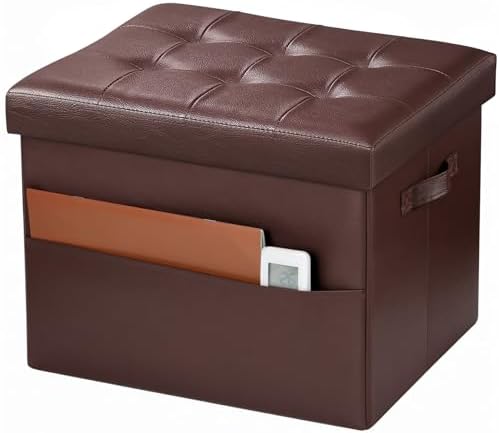 Bsketa Storage Ottoman Bench,17 Inch Folding Leather Foot Rest Stool, Brown