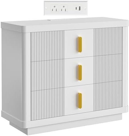 COWMOU White Fluted 3-Drawer Nightstand with Built-in Charging Station