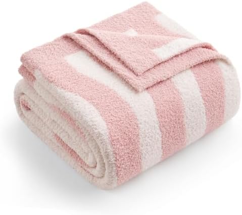 Snuggle Sac Wave Stripe Throw Blanket for Couch, Fuzzy Microfiber Blankets, Throws for Girls Daughter Gifts for Kid, Wave Pink White, 60x80 inches