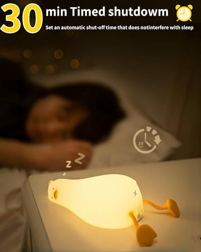 Lying Flat Duck Night Light for Kids, Cute Squishy Silicone Duck Lamp, Rechargeable Bedside Light with Tap Control, 2 Brightness Levels, 30-Min Auto-Off Timer, Room Decor Gift