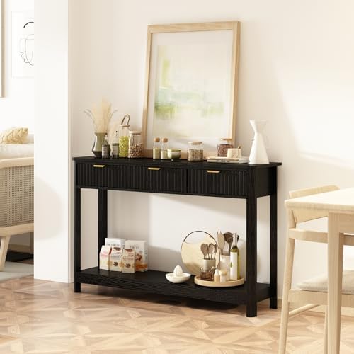 RUSTOWN Fluted Wood Console Table with 3 Drawers, 47.2" Boho Entryway Table
