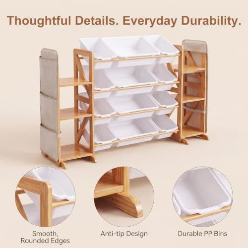 Toy Storage Organizer for Kids, 12 Bins, 2 Bookshelves & 2 Book Pockets