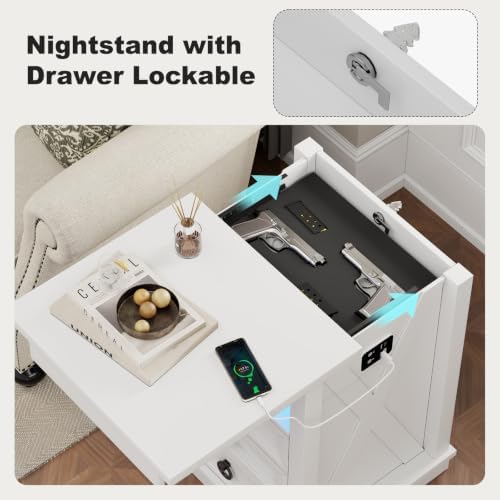 Farmhouse Nightstand with Gun Drawer,Bedside Table with Charging Station and Human Body Senor,3 LED Lights Night Stand with 3 Drawers and Open Shelf,End Side Table for Bedroom(White)