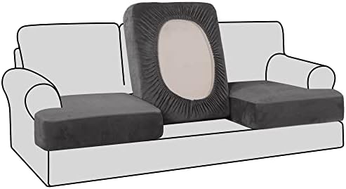 H.VERSAILTEX Stretch Velvet 3 Piece T Cushion Sofa Slipcovers Individually Cushion Cover for 3 Cushion Couch Seat Cushion Covers for Sofa Seat Cushion Covers Stay in Place(Sofa, Grey)