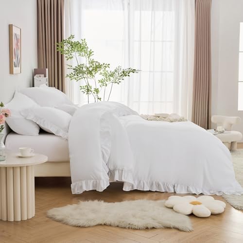 Horbaunal 5 Pcs White Ruffle Duvet Cover King Size Soft Microfiber Shabby Chic Ruffled Duvet Cover Set, Vintage French Country Ruffle Bedding Set with Zipper Closure & Corner Ties, 90" x 104"