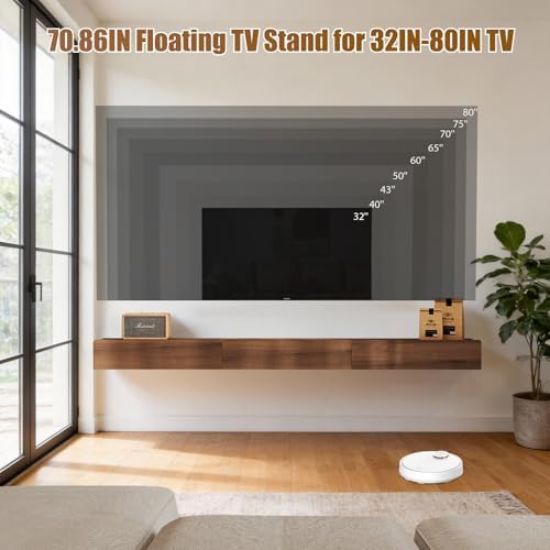 Floating Solid Wood Console Table, 71'' Wall Mounted Narrow Entryway Table with Storage Shelf, Modern Couch Shelves Small Entry Way Tables for Entryway, Front Hall, Hallway (Walnut, 70.86IN)