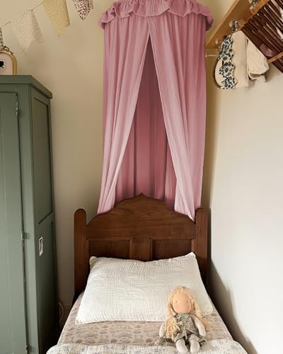 Kids Bed Canopy with Frills Cotton Cover Net for Crib Reading Nook Curtain Hideaway Hanging Round Tent Nursery Bedding Play Room Decor