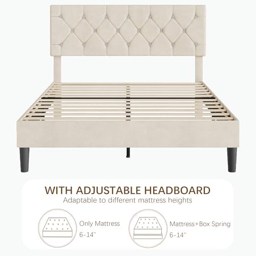 VECELO Full Size Bed Frame with Diamond Tufted Headboard, Upholstered Platform Bedframe with Wood Slat Support, No Box Spring Needed, Pala Beige