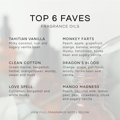 Top 6 Faves - Set of 6 Premium Fragrance Oils - Love Spell, Tahitian Vanilla, Clean Cotton, Mango, Dragon's Blood and Monkey Farts - 10ML